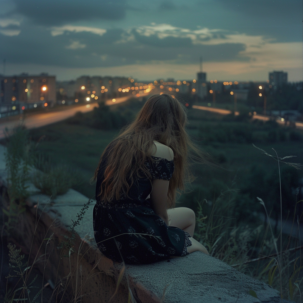 Obrazek przedstawia smutną kobietę na tle miasta w nocy.
