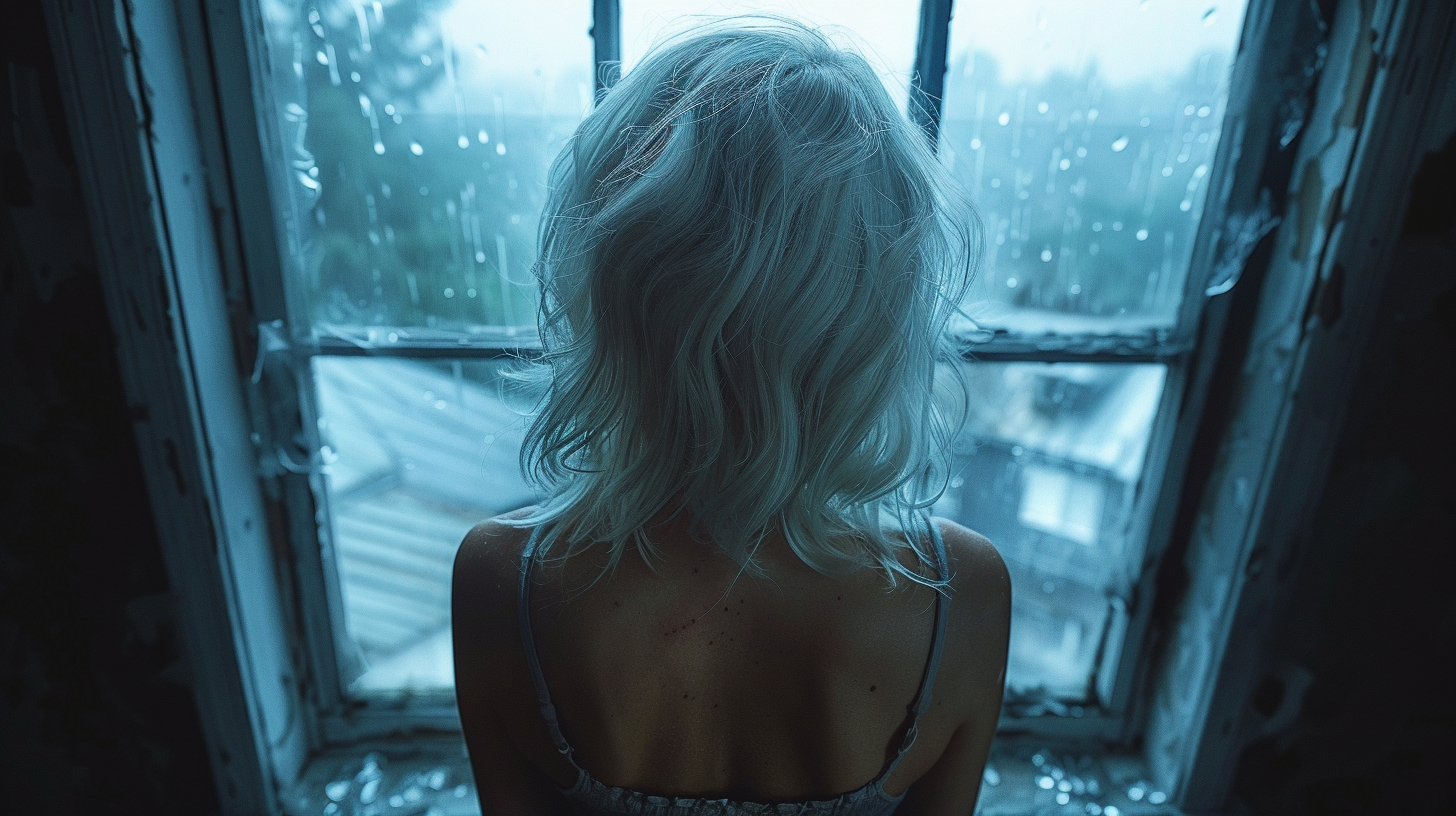 Obrazek przedstawią smutną kobietę wpatrzoną w okno. Ma objawy gaslighting.
