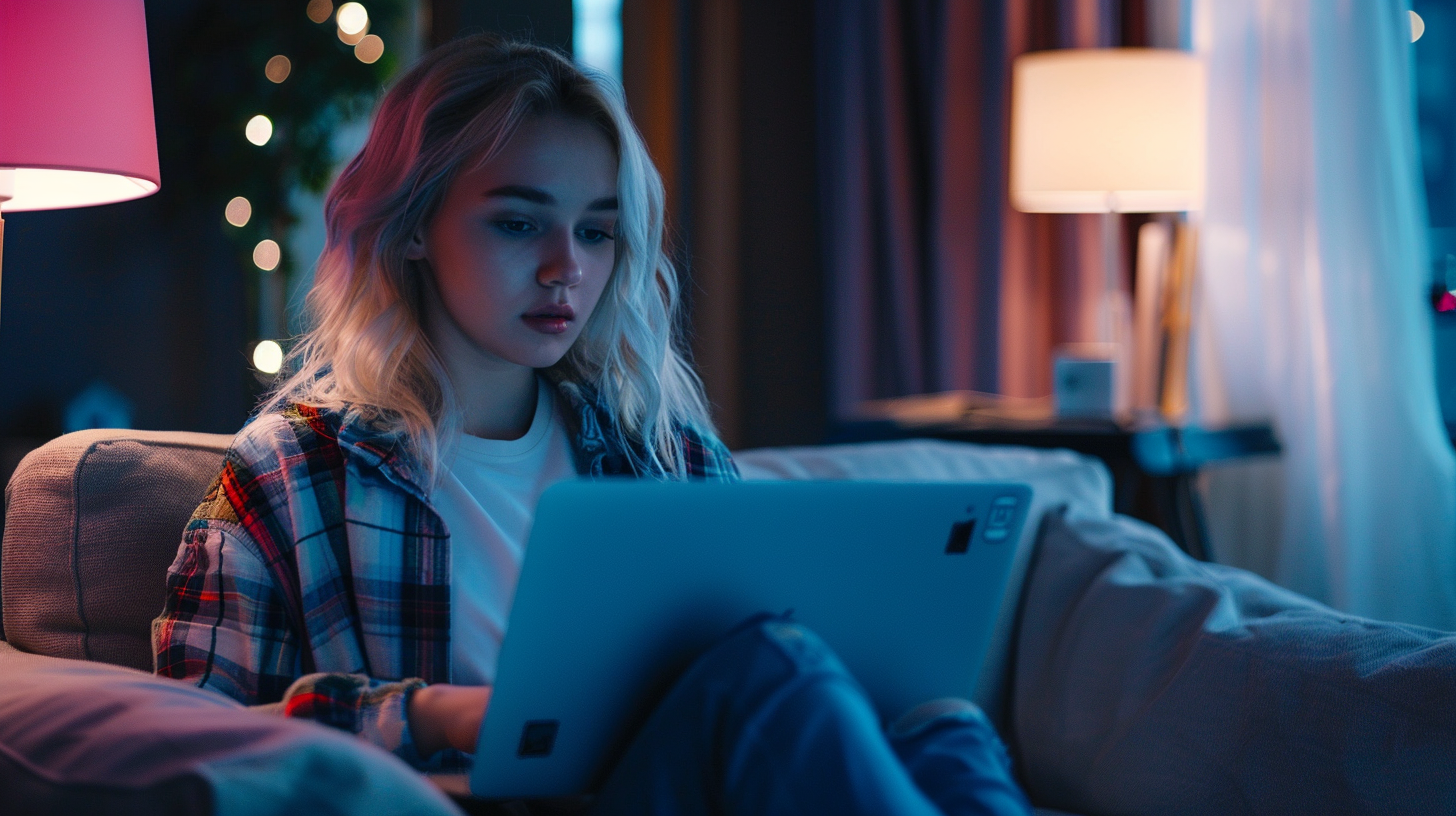 Kobieta patrzy w laptop, szukając tam psychoterapia online.