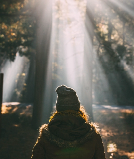 kobieta w lesie, padają na nie piękne smugi jasne światła. Psychoterapeuta, psychiatra, psycholog dziecięcy. Psychoterapia.